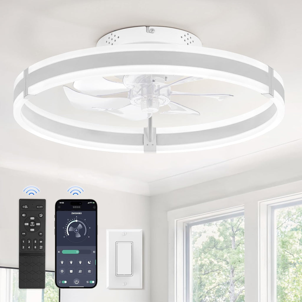 Ceiling Fans with Lights and Remote, 19.7'' Low Profile Ceiling Fan, 3000-6000K Dimmable Modern Flush Mount LED Fan Light, 6 Wind Speeds, White Fandelier Ceiling Fans for Bedroom A101-B0DBHC6FNR