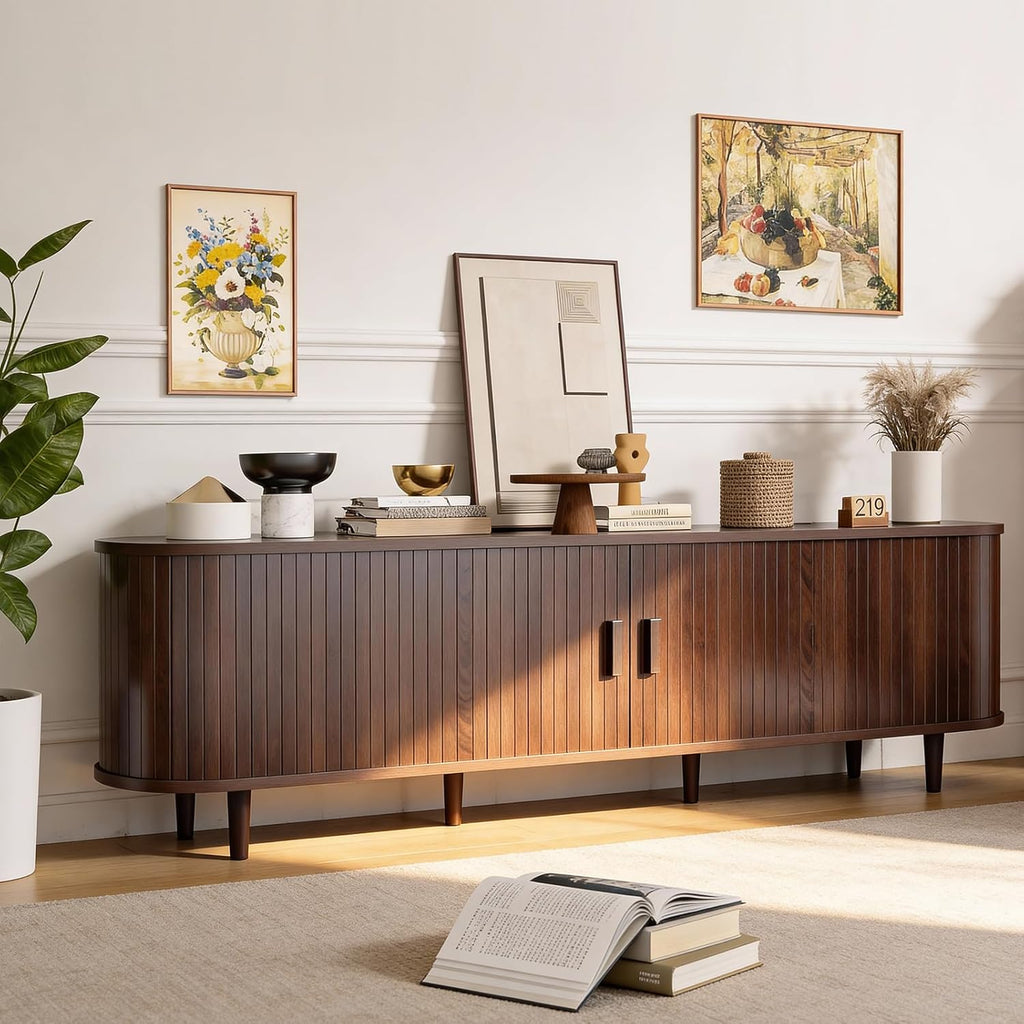 70" Mid Century Modern TV Stand, Wood TV Consoles with Sliding Doors and Power Outlet, Entertainment Center with