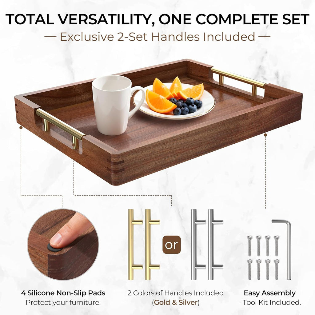 Acacia Wood Serving Tray with 2 Sets of Handles (Gold & Silver) - 17" Large Wooden Tray for Ottoman Coffee Table
