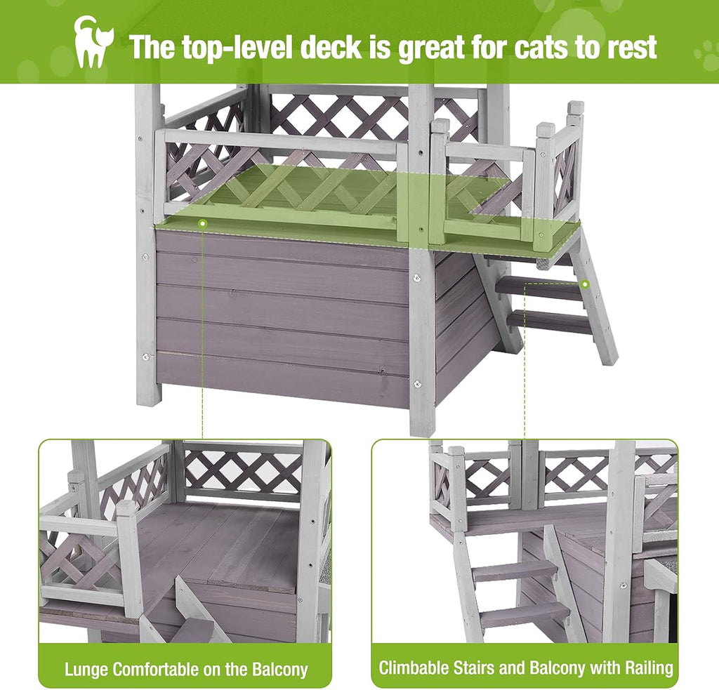 Cat House with Door for Feral Cats, Rainproof Outside Kitty House, 2 Story Wooden Kitten Condo with Stairs (-BS)