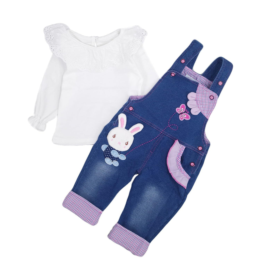 Baby Girls Denim Overalls Set Bunny Embroidery Ruffle Top