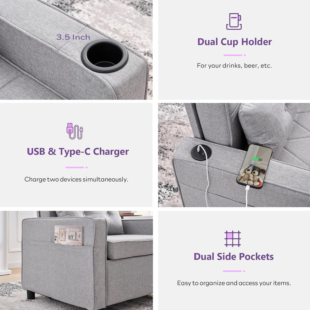 Convertible Sleeper Chair for Adults, Single Pull Out Couch Bed, Grey | , 3-in-1, USB/Type-C Ports, Cup Holders, Side