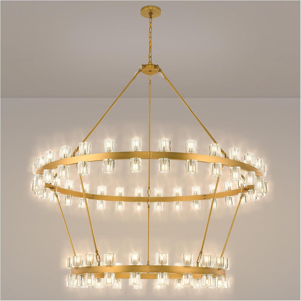 60 Inch Gold Wagon Wheel Chandelier with Crystal Shade, 2 Tier 100 Lights, Modern Farmhouse Style, Ideal for Dining Room, Kitchen, Entryways A117-B0DPJ7SH1Z