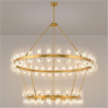 60 Inch Gold Wagon Wheel Chandelier with Crystal Shade, 2 Tier 100 Lights, Modern Farmhouse Style, Ideal for Dining Room, Kitchen, Entryways A117-B0DPJ7SH1Z