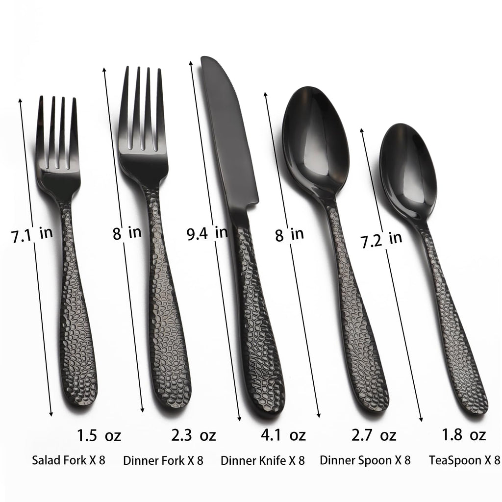 Black Hammered Silverware Set, 40 Piece Stainless Steel Heavy Duty Flatware Set for 8, Food-Grade Tableware Cutlery