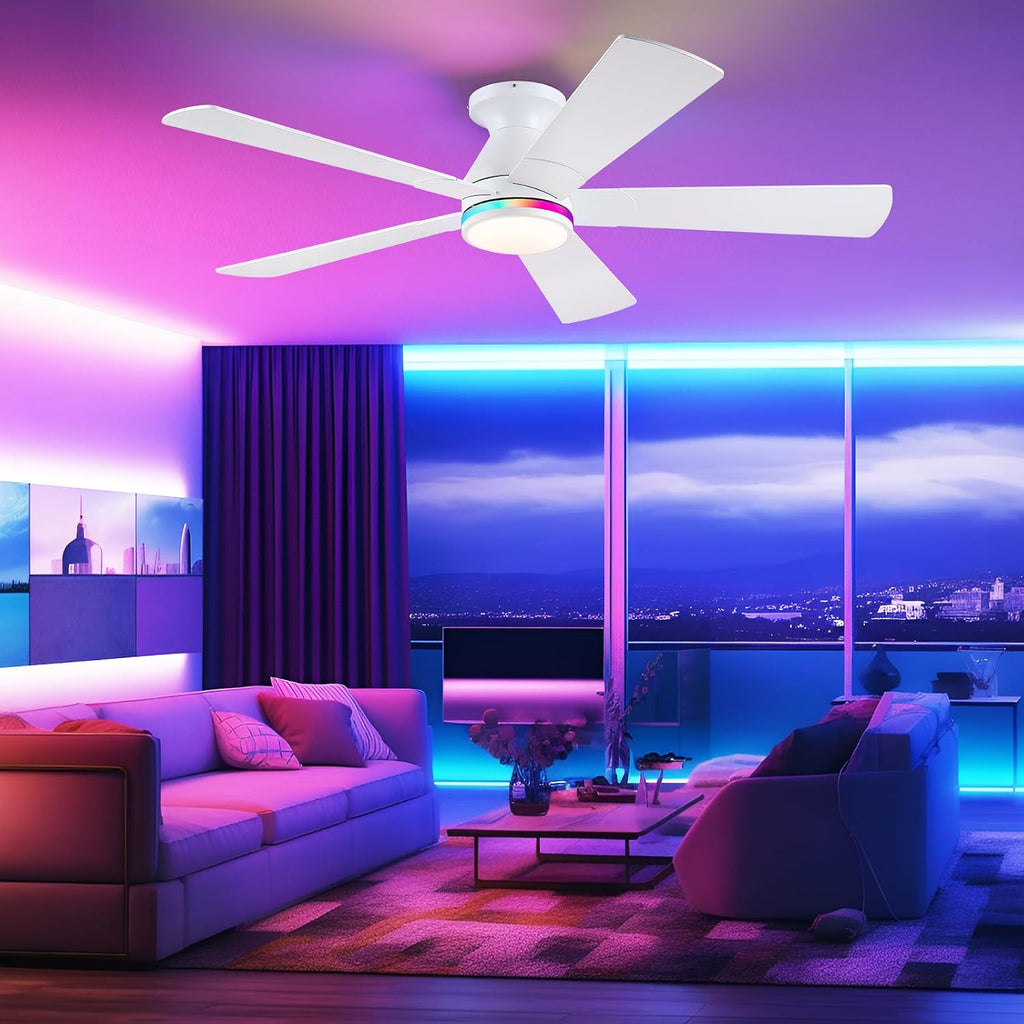 52" Flush Mount RGB Ceiling Fans with Lights - White Low Profile Ceiling Fan Light with Remote/APP, RGB+3CCT 6 Wind Speeds and Reversible, Modern Fan Light Fixture for Party, Kiad's Room A101-B0DTH6C8CD