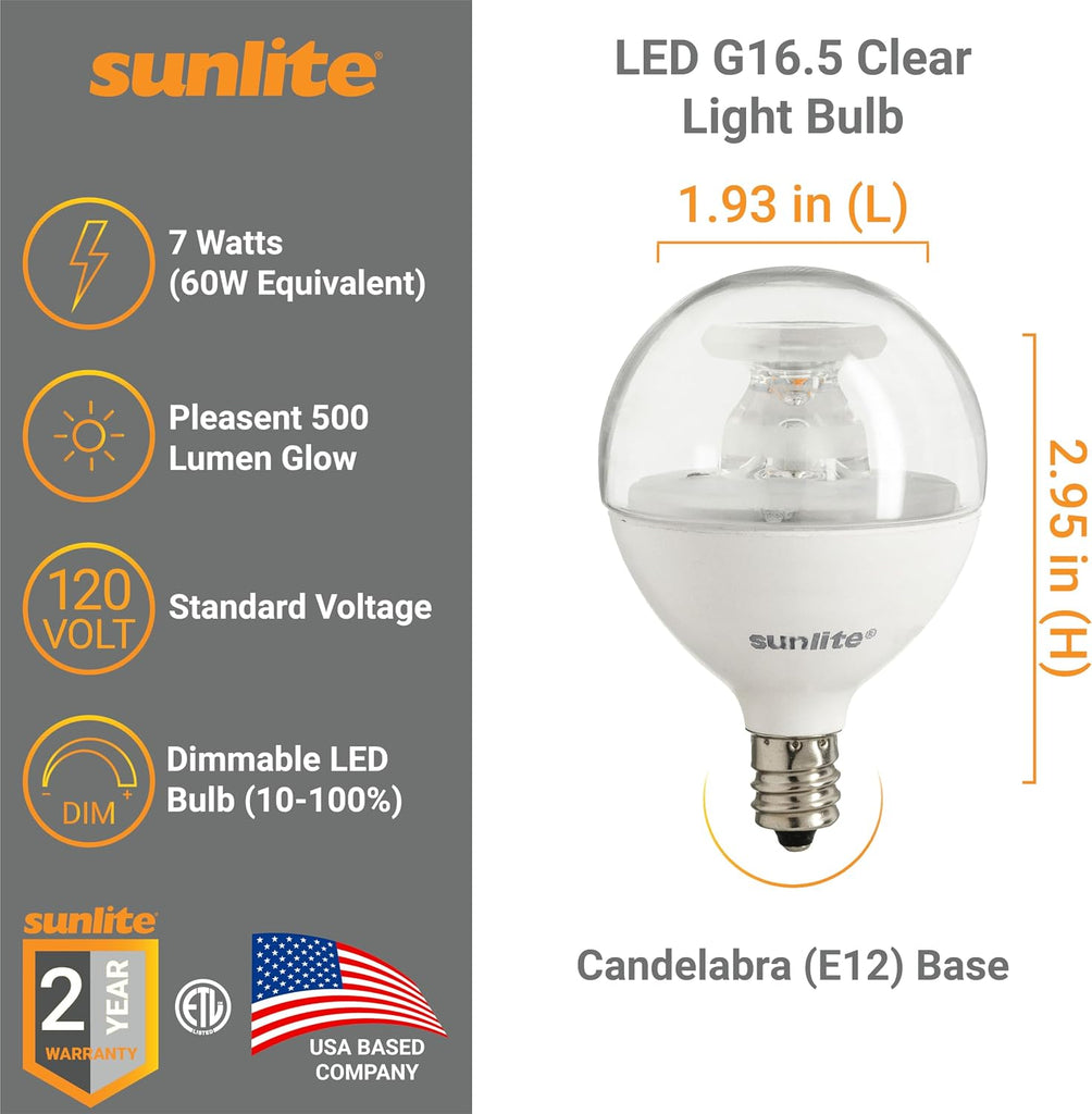 G16.5 Light Bulb LED, 7 Watts (60W Equiv.), 500 Lumens, Dimmable, Type G Globe Shape E12 Candelabra Base, Short Bulbs
