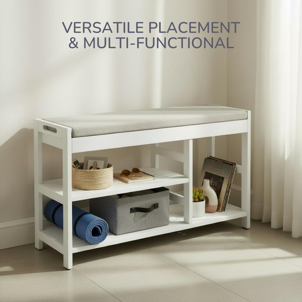 Shoe Bench - 3-Tier Wooden Shoe Rack, Mudroom, or Bedroom - Entryway Shoe Storage with Padded Seat Cushion (White)