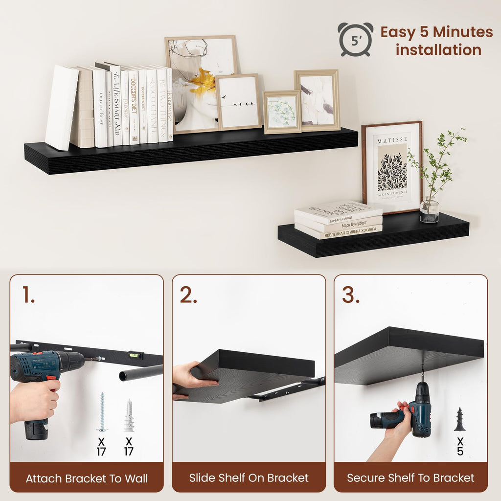 12 Inch Deep Floating Shelves 36" Set of 2, Black