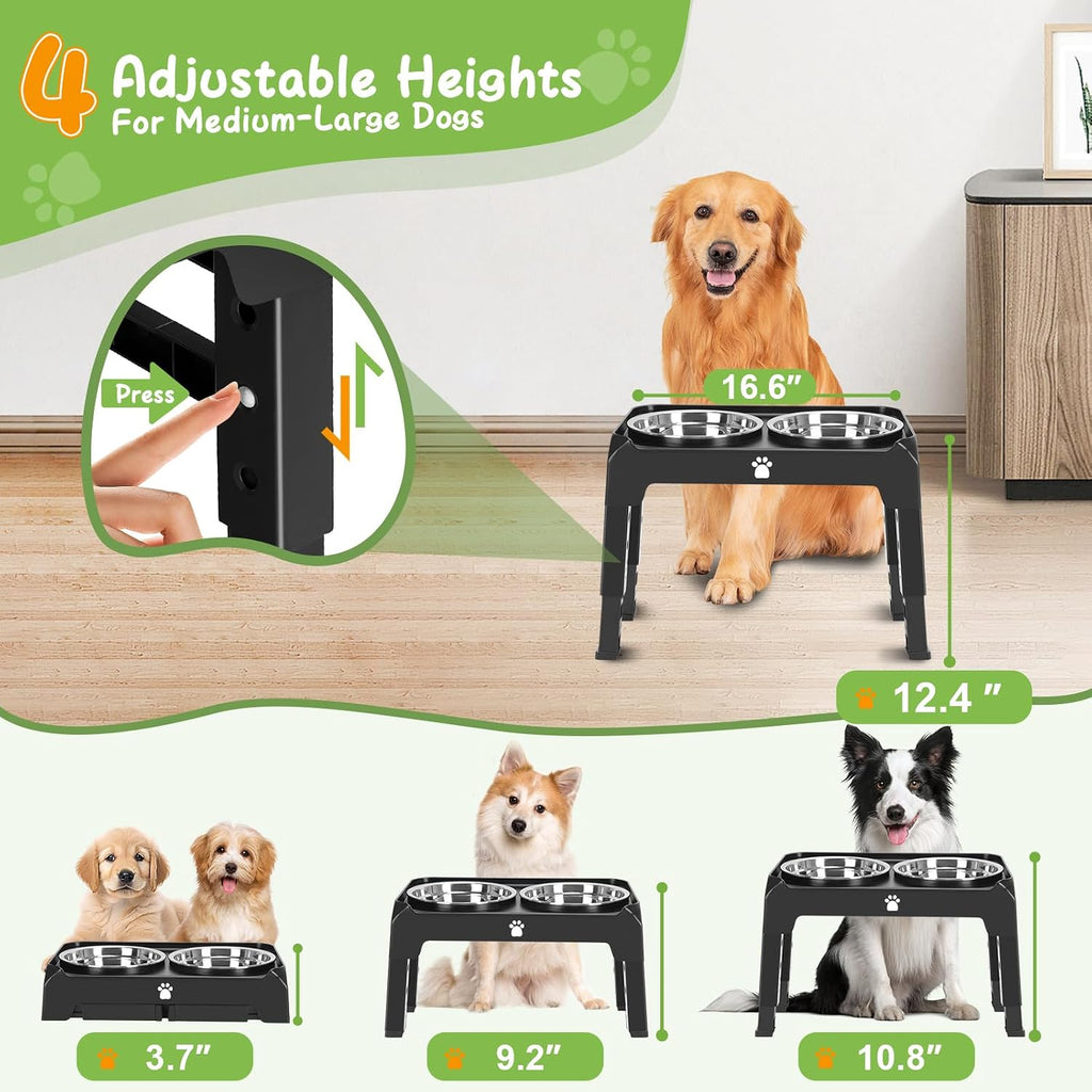 Elevated Bowls with Adjustable Heights - Raised Stand with 2 Stainless Steel Food Bowls, Non-Slip Foldable Feeder