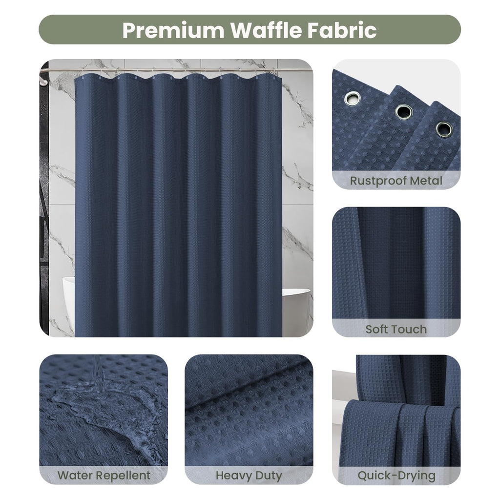 Fabric Shower Curtain, Waffle Weave 230 GSM Polyester, Weighted Hem, Metal Hooks Included, Water Repellent Washable
