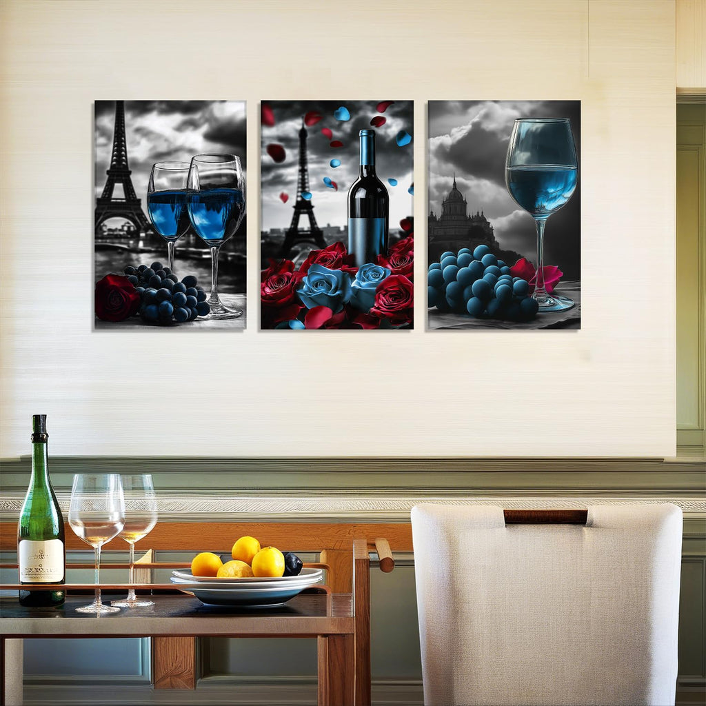 Large Wine Canvas Wall Kitchen Wall Decor 3 Piece Blue Goblet Cups with Flower Pictures Black and White Paintings