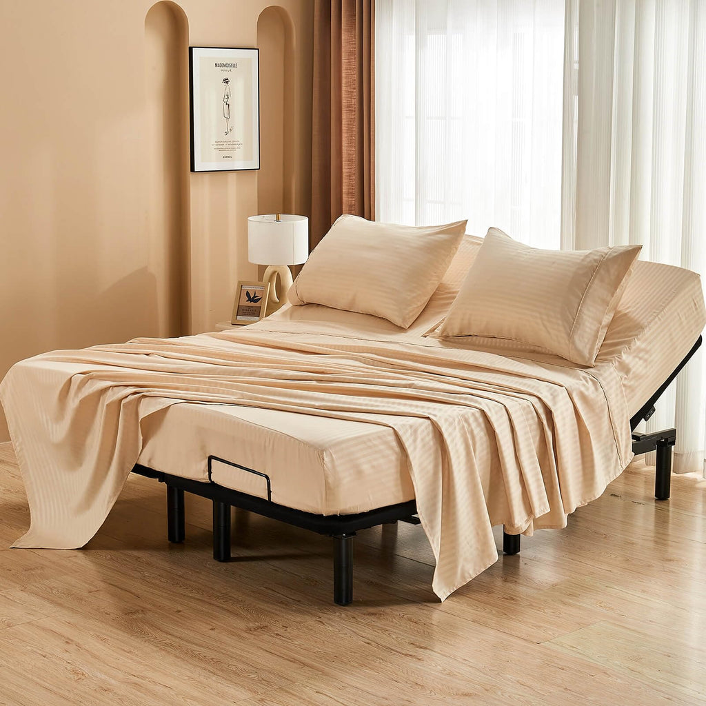 Striped Split Top Cal King Sheets Sets for Adjustable Bed Beige