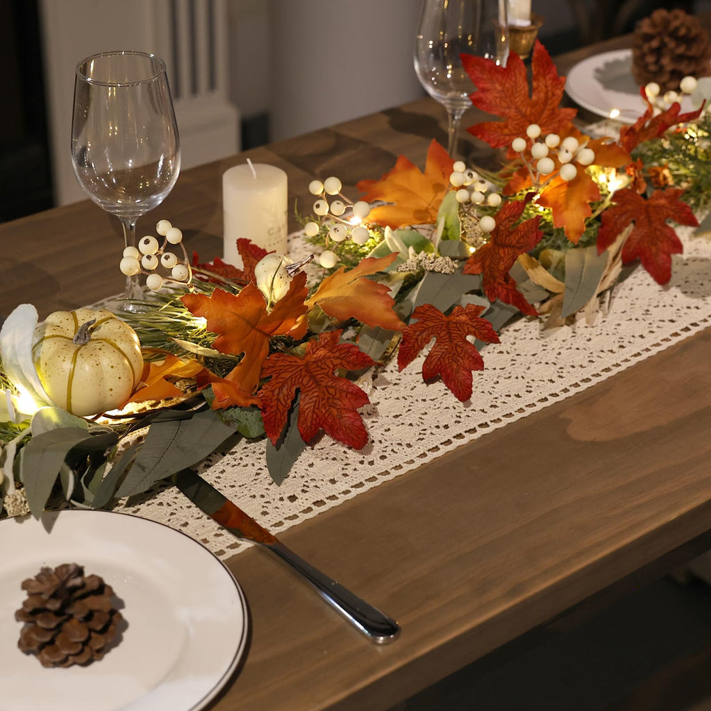 Realistic Fall Garland for Mantle 6 Ft Fall Maple Leaves Garlands with Lights/Timer Pumpkin Garland for Thanksgiving