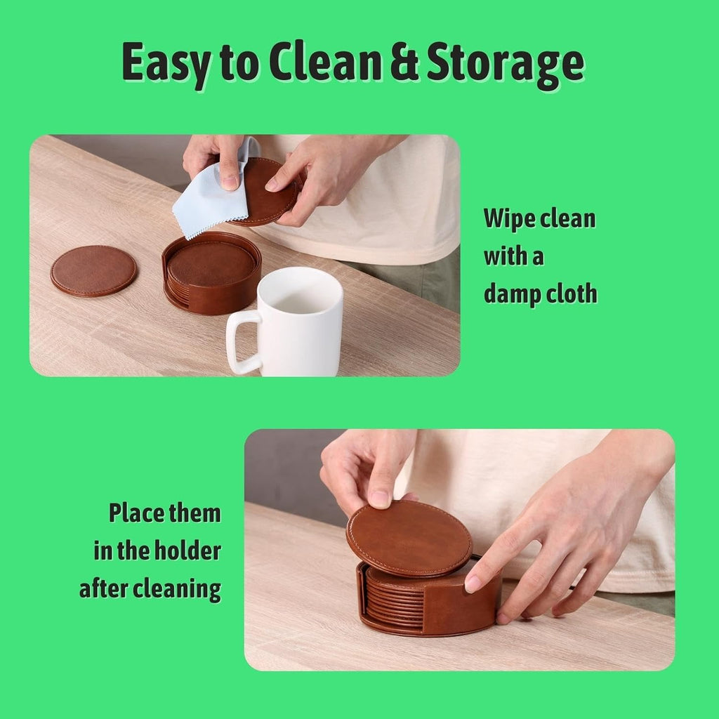 Drink Coasters with Holder, 4" Leather Coasters for Drinks for Tabletop Protection, Elegant Home Decor & - Set of 6