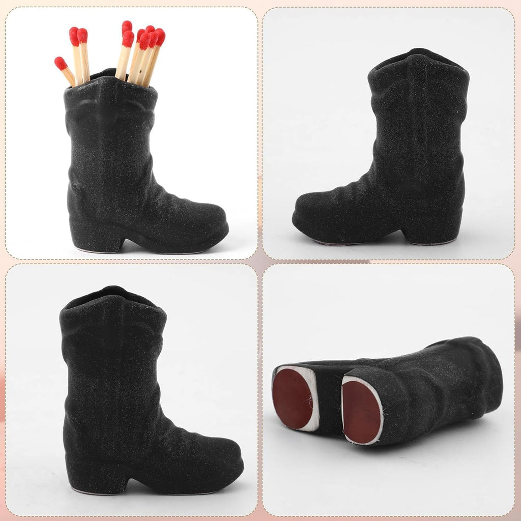 Cowboy Boot Match Box with Striker, Decorative Matches Holder, Very Cute Addition for Interior Decor (Black)