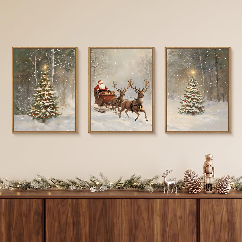 Christmas Santa Reindeer Framed Canvas Wall Art Set, Vintage Trees Snowy Wall Decor, Sleigh Deer Forest Winter Wall