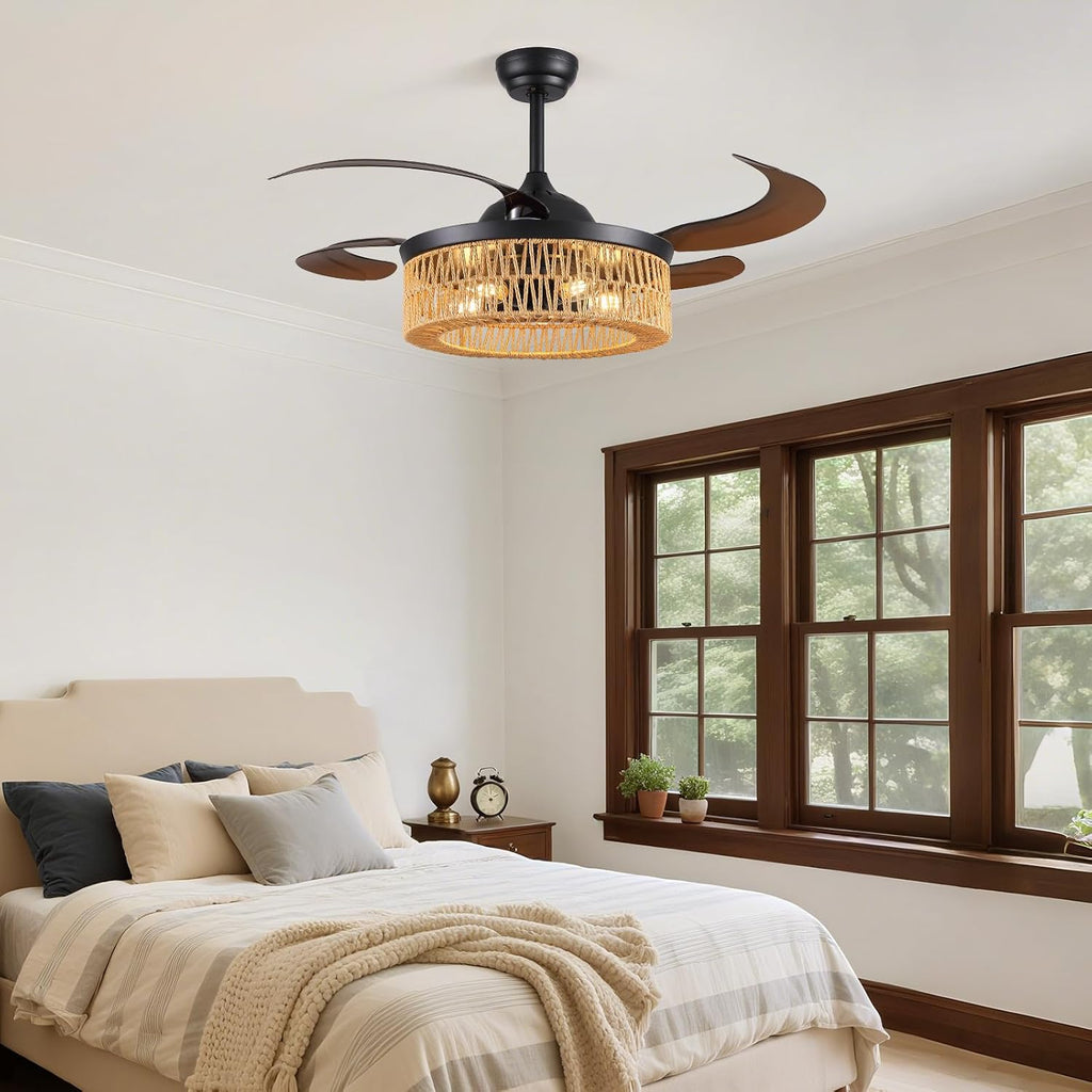 48 Inch Retractable Ceiling Fans with Lights and Remote, Boho Caged Farmhouse Ceiling Fan, Invisible Rattan Fandelier