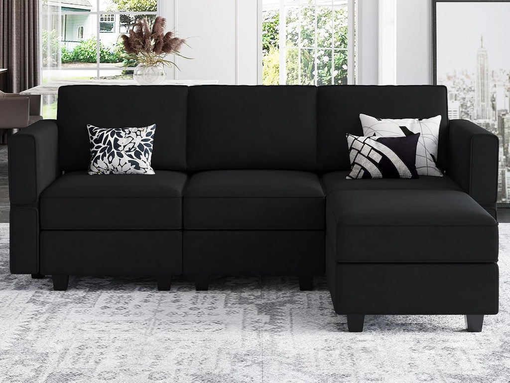 Modern L Shaped Velvet Sectional Sofa with Chaise, Black, Storage, Adjustable Arm/Backrest