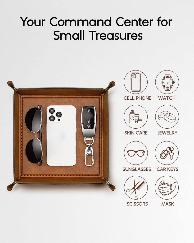 Travel Valet Tray, Foldable PU Leather Catchall Tray, Light Brown