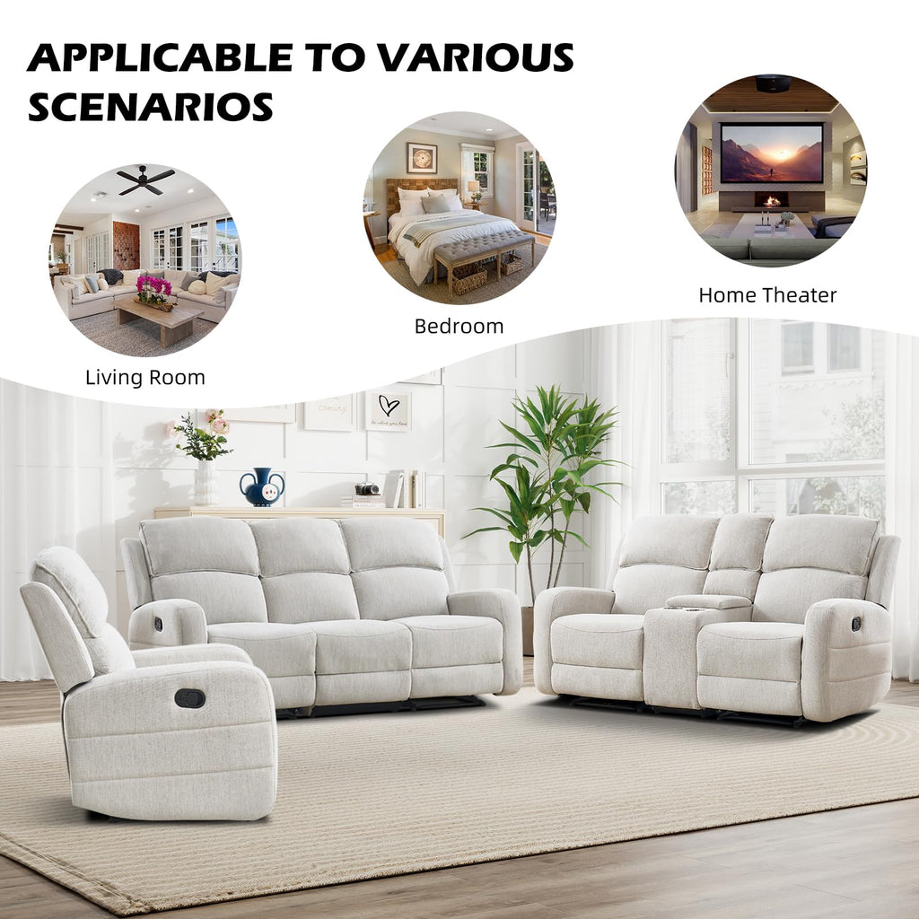 Manual Living Room Furniture Reclining Couch Set, Soft Fabric Recliner Chair and Loveseat Sofa Couch for Meeting