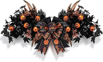 Halloween Front Door Swag Weath with LED Artificial Gothic Black Maple Glitter Evil Pumpkin Teardrop Swag