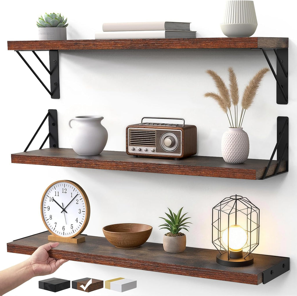23-in Floating Wall Shelves, Rustic Wood Wall Shelves , Display Shelf for Books, Plants & Decor (Rustic Brown)