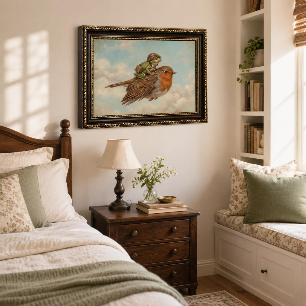 Whimsical Frog Riding Bird Framed Wall Art, Quirky Frog Print, 16x24in