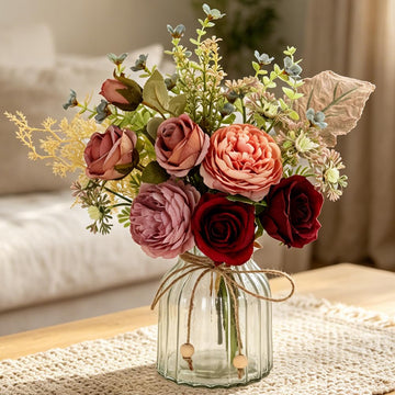 Fake Artificial Flowers with Vase Faux Silk Flower Bouquet in Glass Vase Rose Floral Arrangements Flower Decoration
