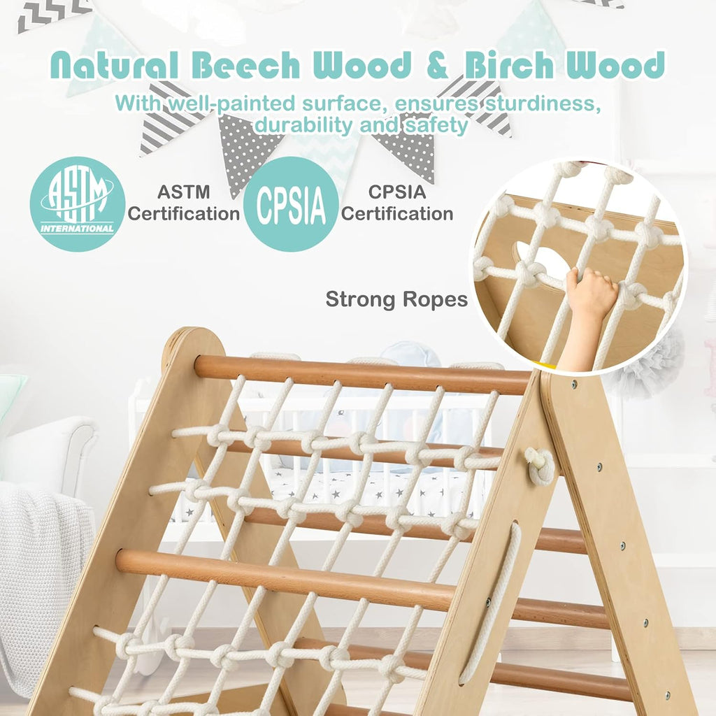 In-1 Triangle Climber with Ramp, Side Kids Climbing Triangle Ladder with Net Rope & Bars, Wooden Montessori