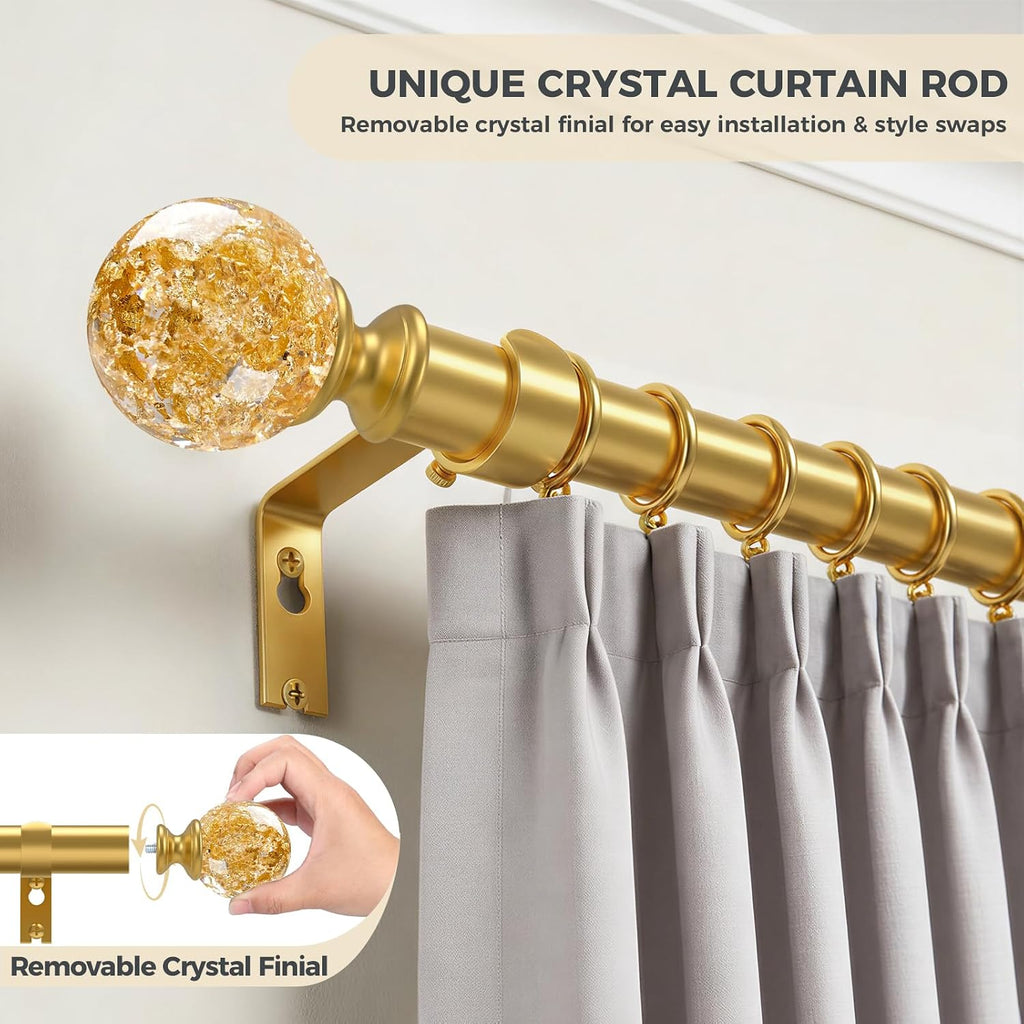 Gold Decorative Crystal Curtain Rods: Heavy Duty Adjustable Window Curtains Rods for Bedroom Living Room