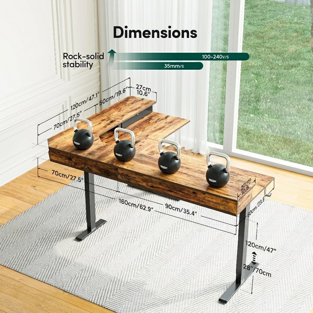 63"x48" L Shaped Standing Desk with Drawers & Shelf, Rustic Brown