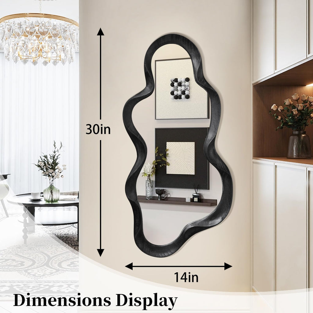 Black Asymmetrical Mirror, Wall Irregular Wood Frame Wavy Wall Mirror