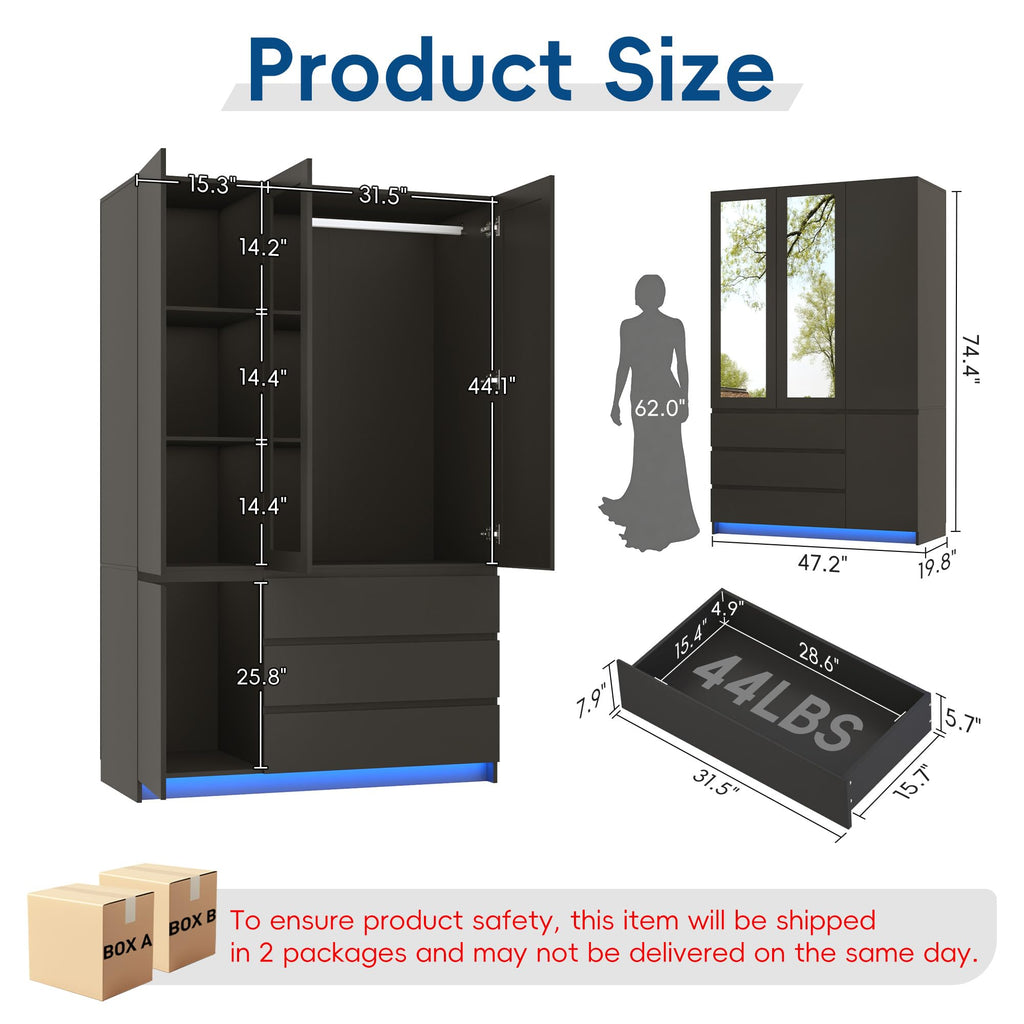 75" Tall Modern Wardrobe Closet with 2 Mirrors, LED Lights, 47"W Armoire Wardrobe Cabinet with 3 Drawers, Hanging