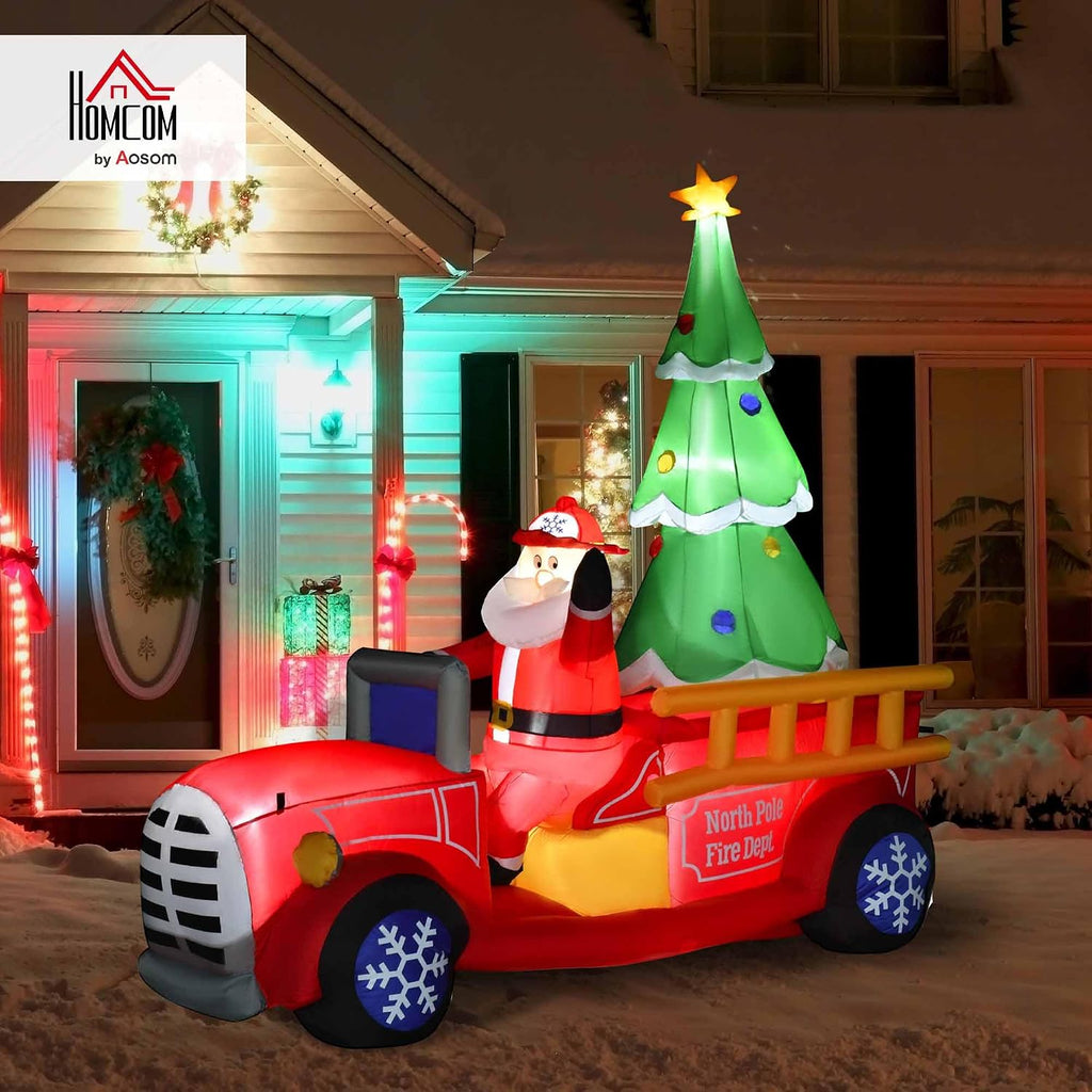 7.5ft Christmas Inflatable Santa Claus Driving Fire Truck with Tree