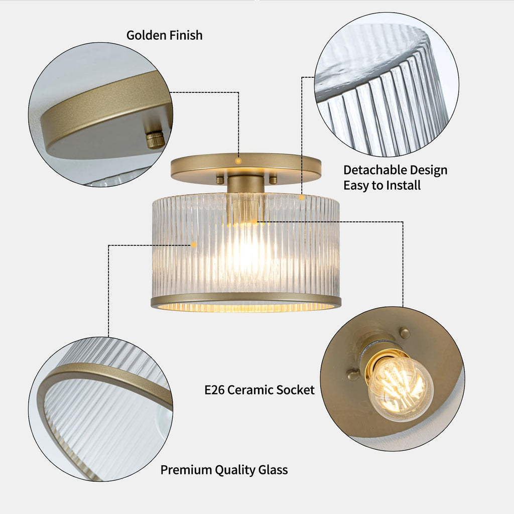 Glass Ceiling Light, Clear Ribbed Glass Ceiling Light Fixture with Gold Metal Frame, Modern Semi Flush Mount Ceiling