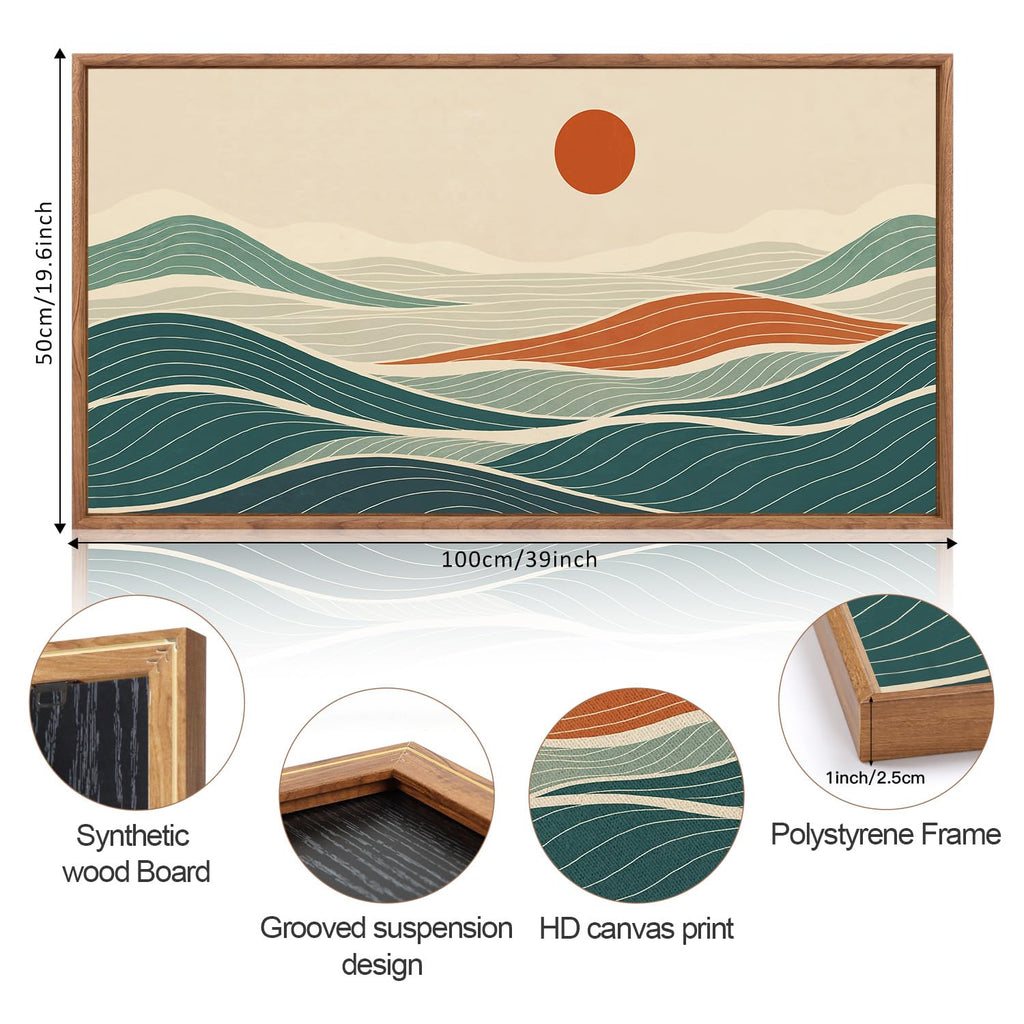 Long Coastal Framed Wall Art, Minimalist Coastal Horizontal Wall Decor, Abstract Waves Line Artwork Ocean Sea