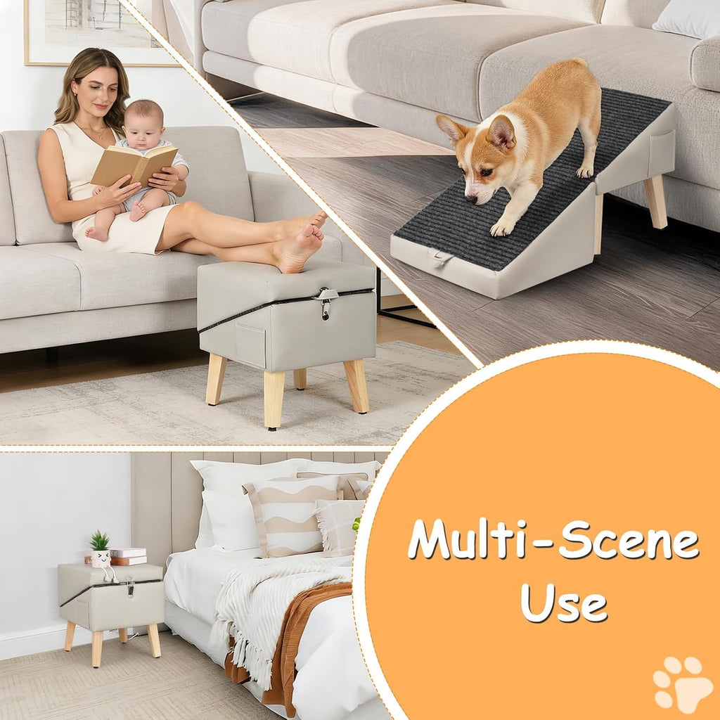 Ottoman Dog Ramp for Couch, 2-in-1 Foldable Dog Stairs for Small Dogs, Gray