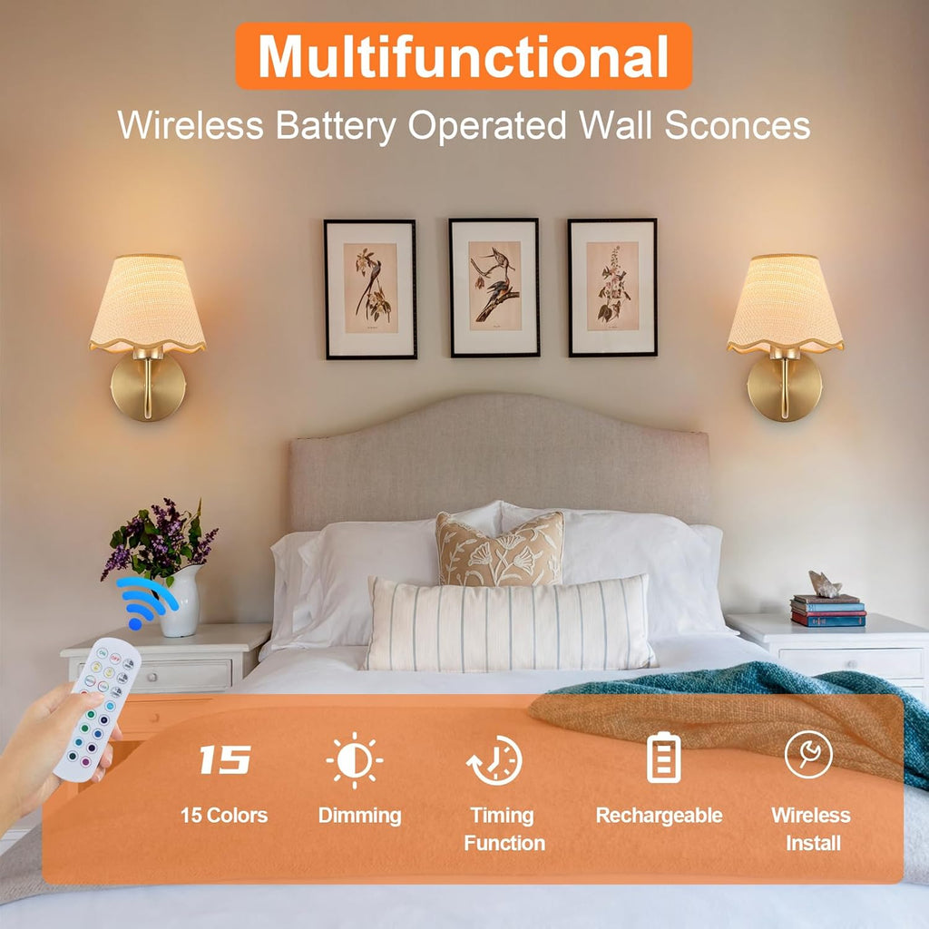 Battery Operated Wall Sconce Set of 2, Gold Wall Lamps Rechargeable Bulbs for Living Room, Rattan Shade Wireless Wall