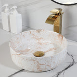 White Marbling Bathroom Vessel Sink with Waterfall Faucet and Pop-Up Drain Combo,14 Inch Ceramic Vessel Sink Above