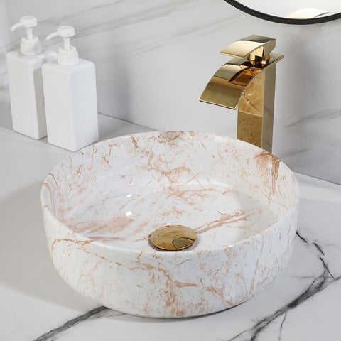 White Marbling Bathroom Vessel Sink with Waterfall Faucet and Pop-Up Drain Combo,14 Inch Ceramic Vessel Sink Above