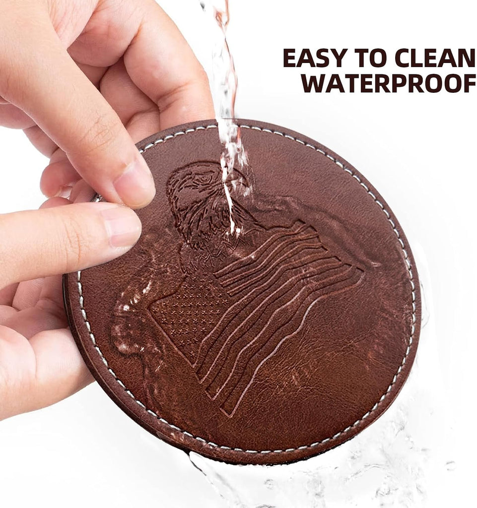 Coasters for Drinks Faux Leather Handmade Embossing Coasters with Holder Waterproof Round Cup Mat Pad Bar - Set of 6