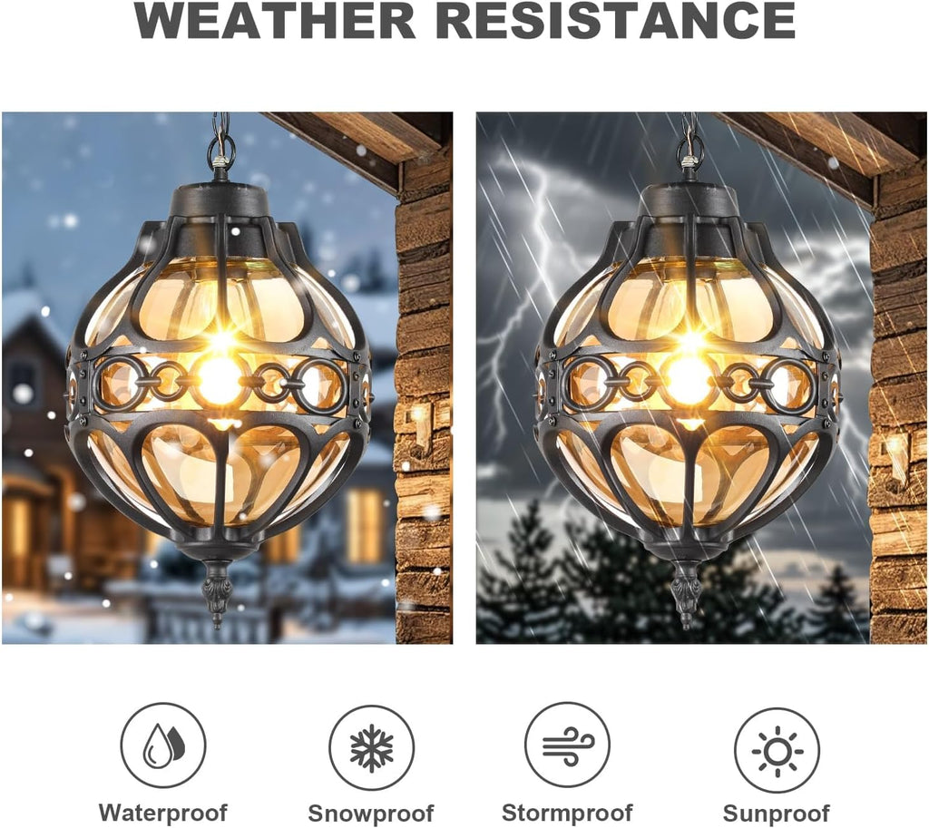 Dusk to Dawn Outdoor Pendant Lighting for Porch, Black Aluminum Anti-Rust Hanging Lights Fixture