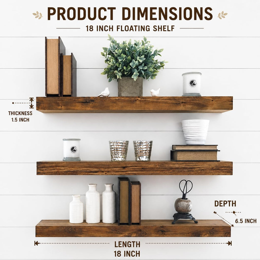 Sheesham Floating Shelves for Wall Set of 3, Rustic Wall Mounted Ledge Shelf (18 Inch)