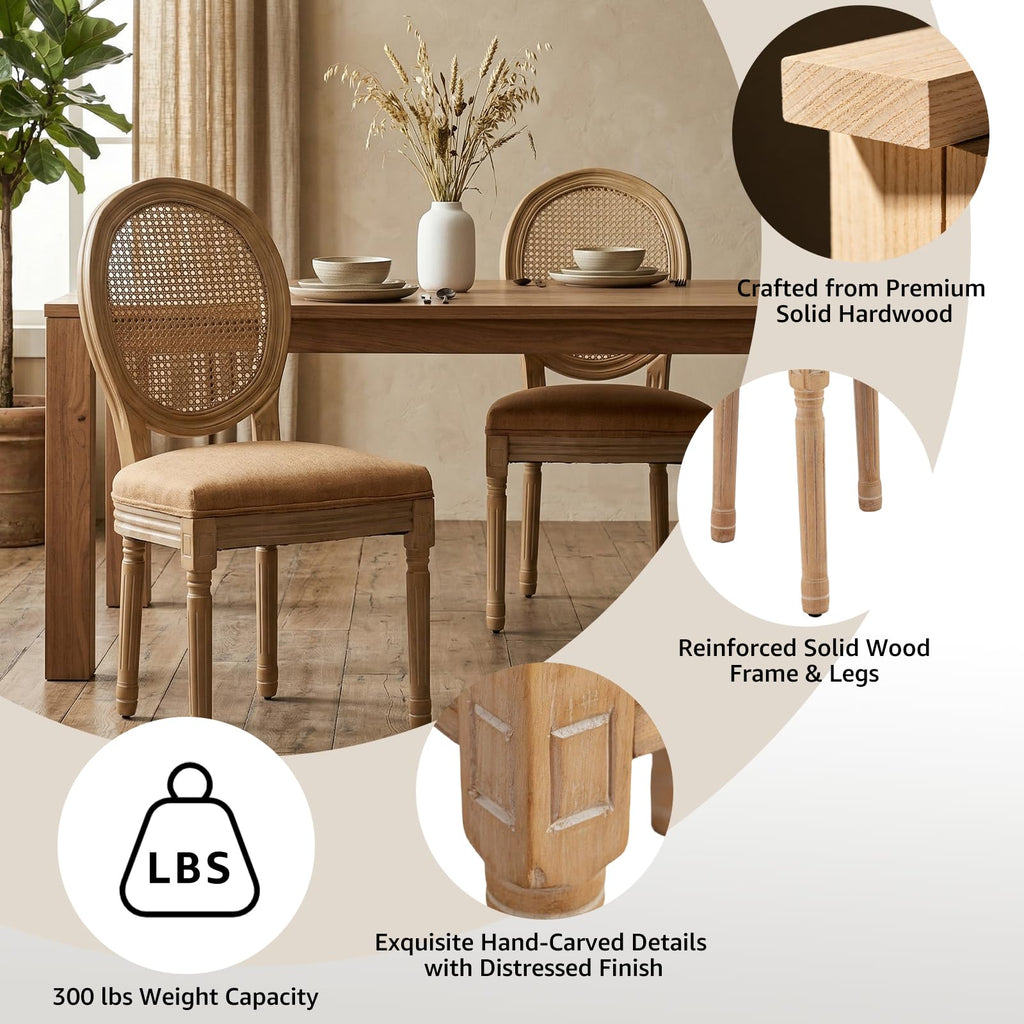 Vintage French Country Dining Chairs Set of 2, Farmhouse Rattan Dining Room Chairs with Round Back, Linen Upholstered
