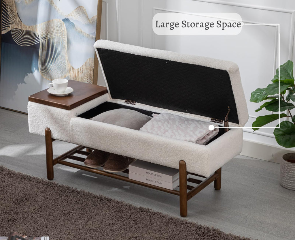 Modern Storage Bench End of Bed Sherpa Upholstered Ottoman Bench with Storage and Wood Shoe Rack Farmhouse Long