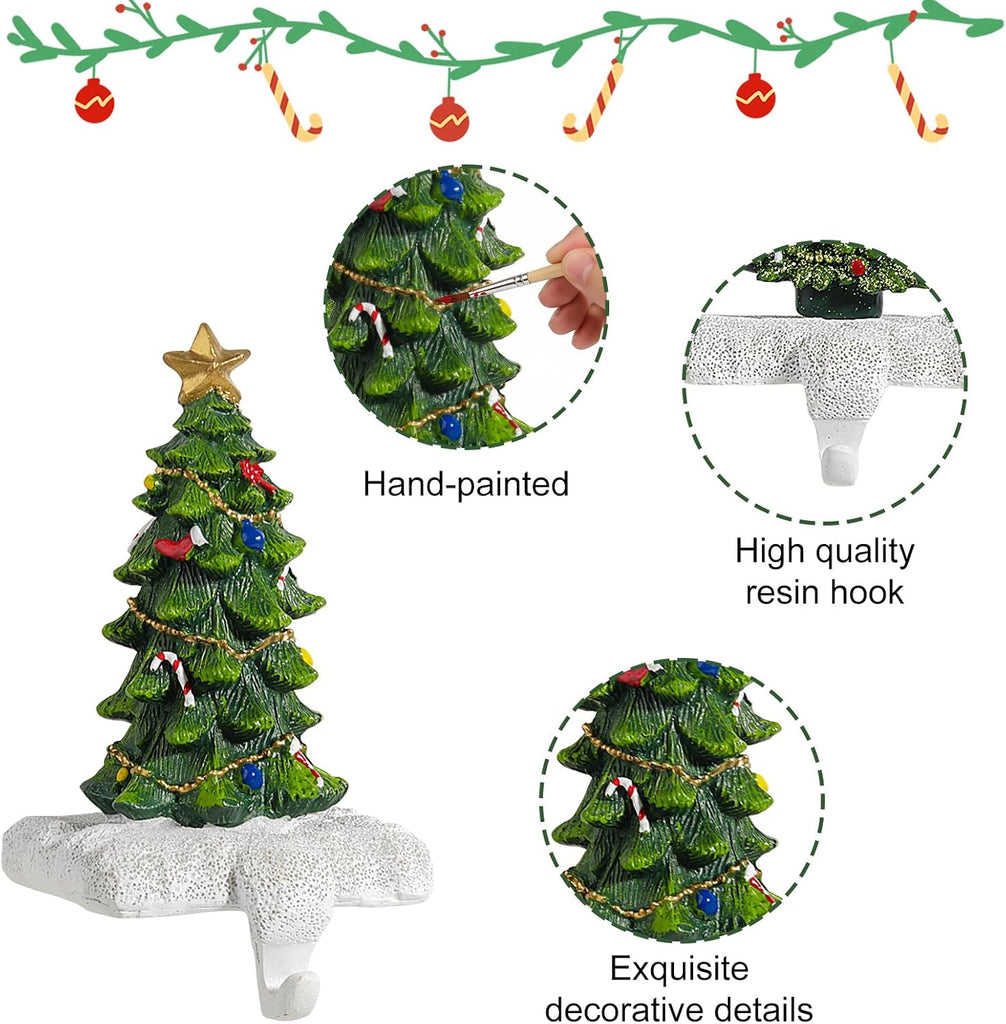 Christmas Tree Stocking Holder for Mantel Set of 4 Resin Stocking Hanger with Sturdy Base Exquisite Details Perfect