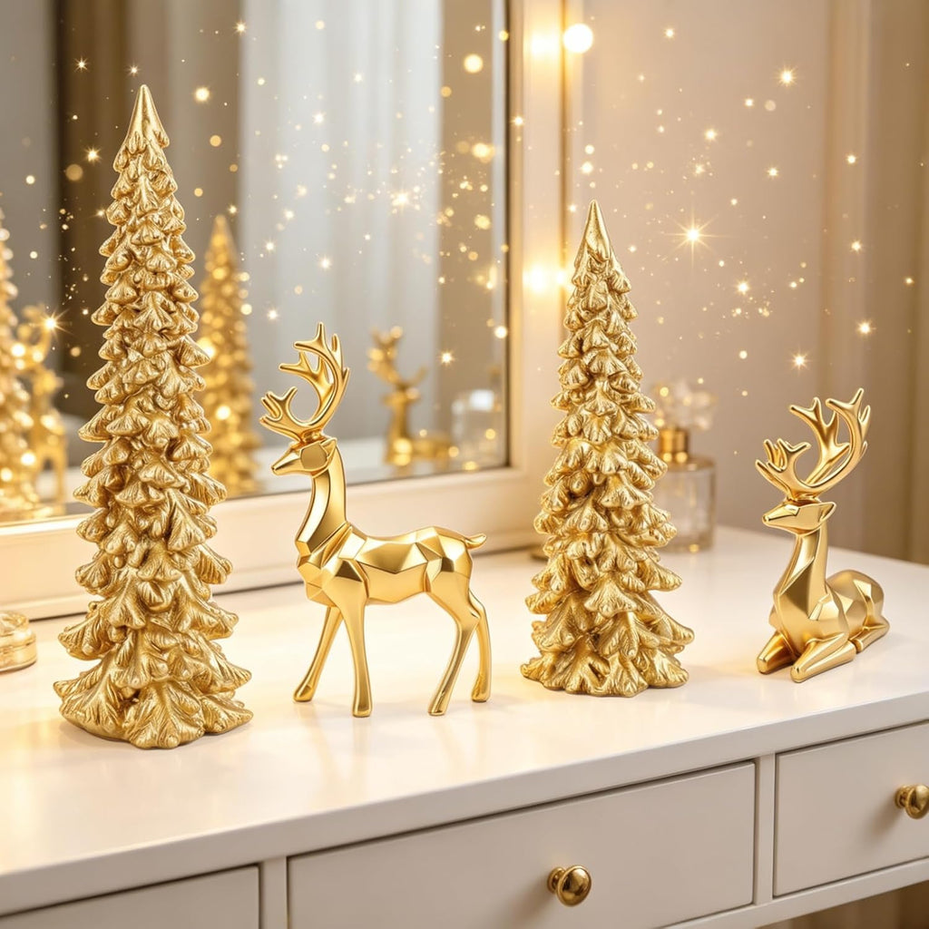 Gold Christmas Table Decoration Set of 4, 2 Xmas Tree & 2 Reindeer