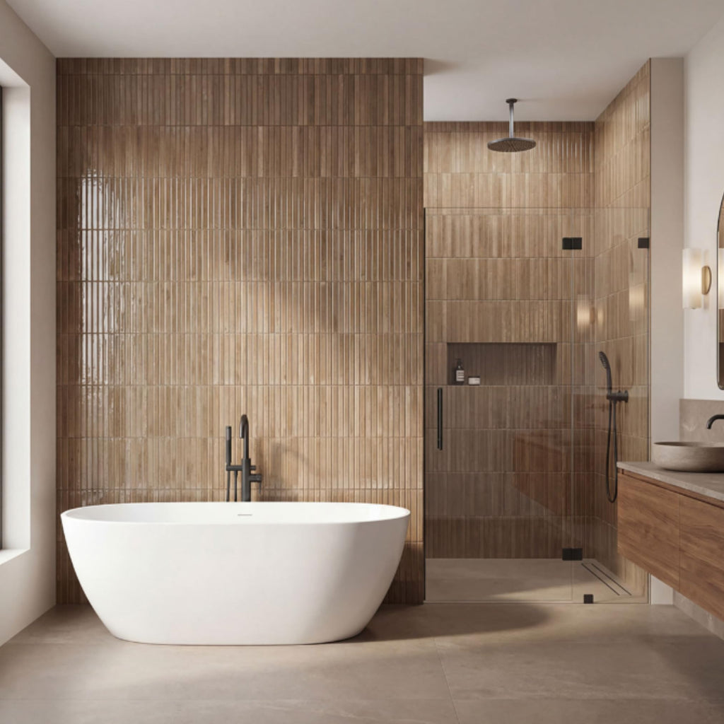 Warm Taupe Glossy Ribbed Ceramic Wall Tile (1 Piece)