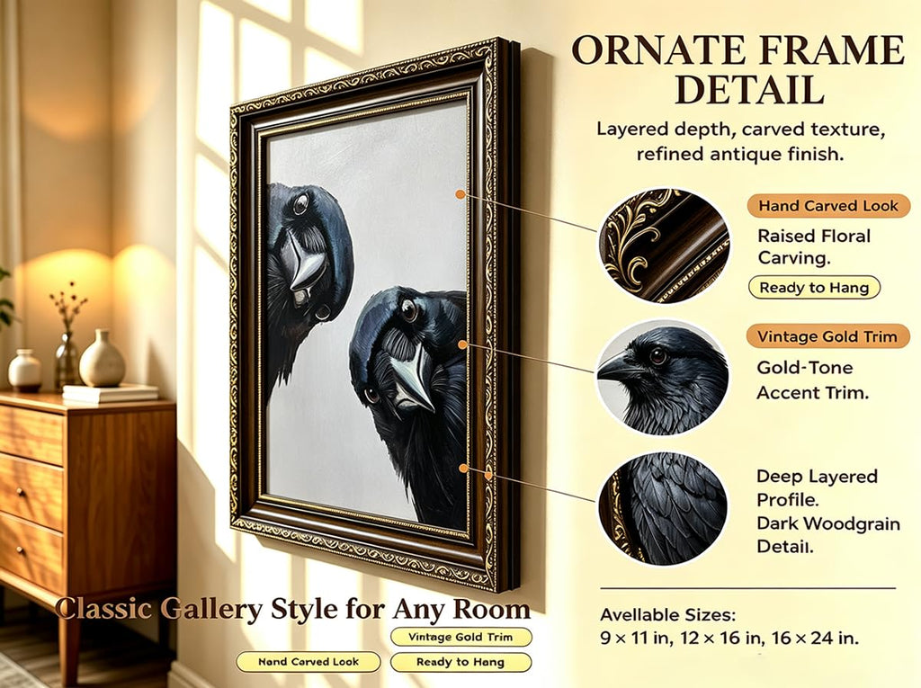 Vintage Gold Framed Crow Wall Art, Whimsical Bird Portrait Canvas Prints